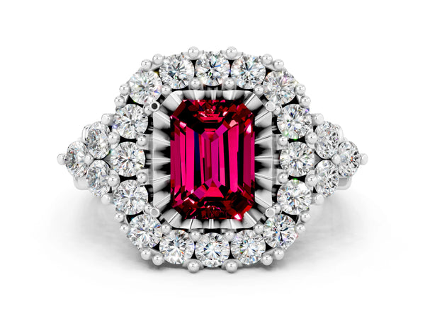 Silver Emerald Cut Garnet Halo Ring with Pavé Band and Four-Prong Setting