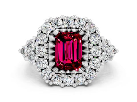 White gold Emerald Cut Garnet Halo Ring with Pavé Band and Four-Prong Setting_12