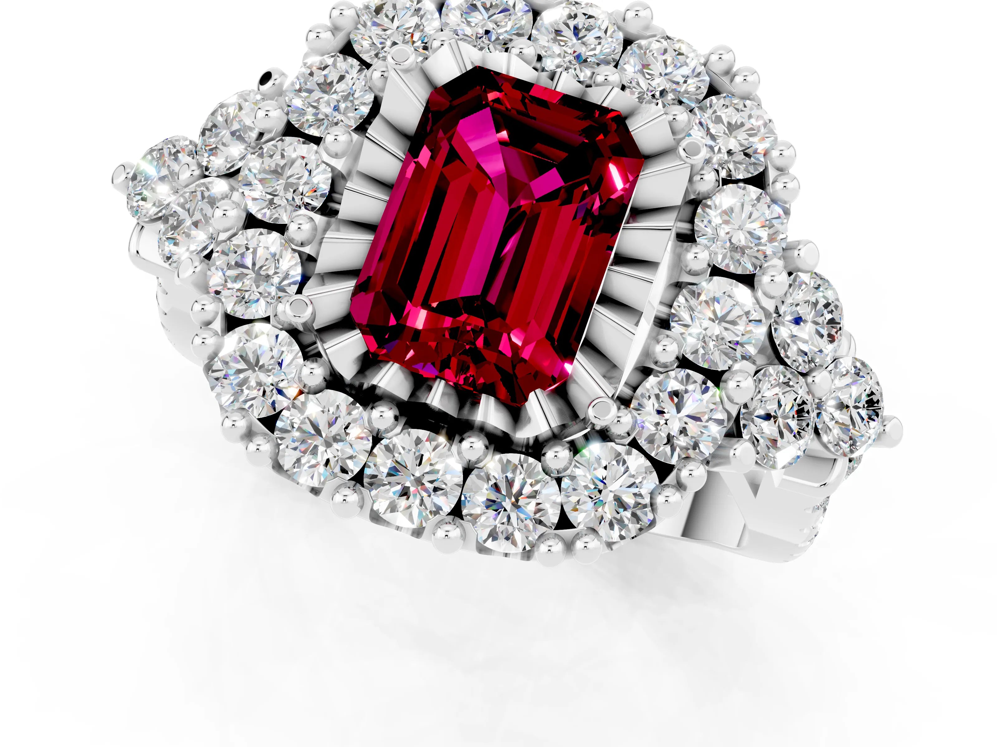 White gold Emerald Cut Garnet Halo Ring with Pavé Band and Four-Prong Setting_13