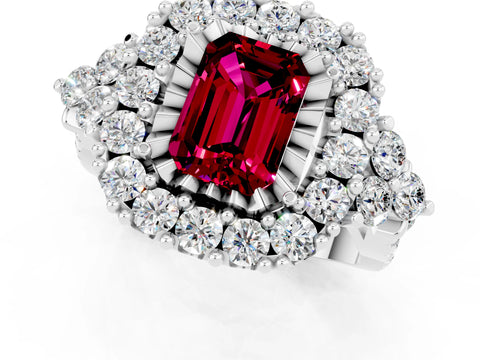 White gold Emerald Cut Garnet Halo Ring with Pavé Band and Four-Prong Setting_13