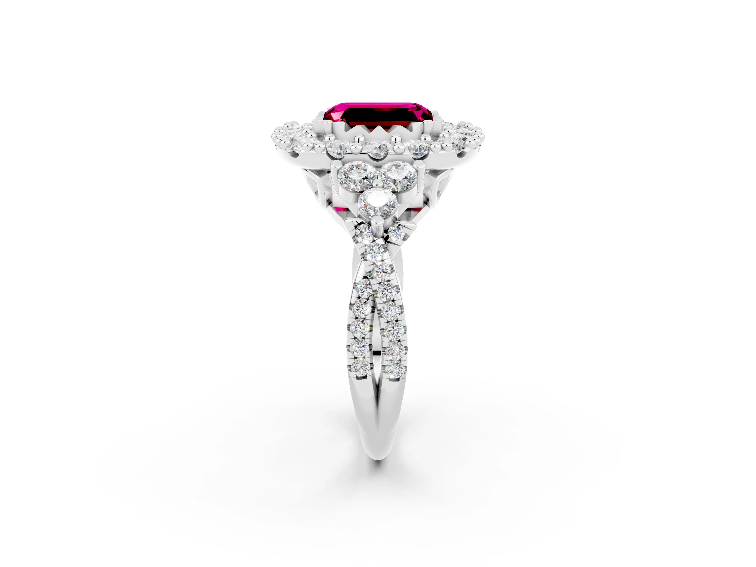 White gold Emerald Cut Garnet Halo Ring with Pavé Band and Four-Prong Setting_14