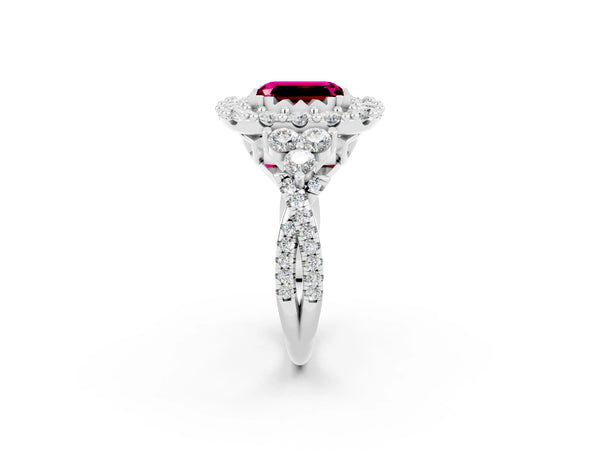 Platinum Emerald Cut Garnet Halo Ring with Pavé Band and Four-Prong Setting