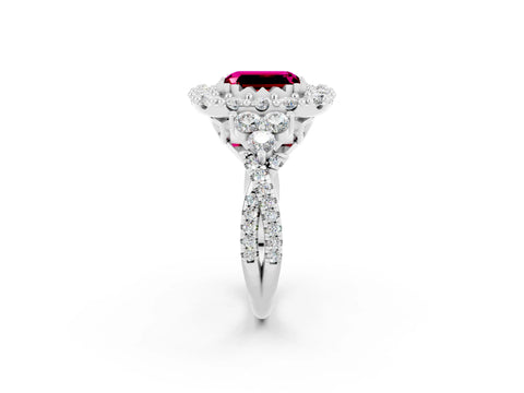 White gold Emerald Cut Garnet Halo Ring with Pavé Band and Four-Prong Setting_14