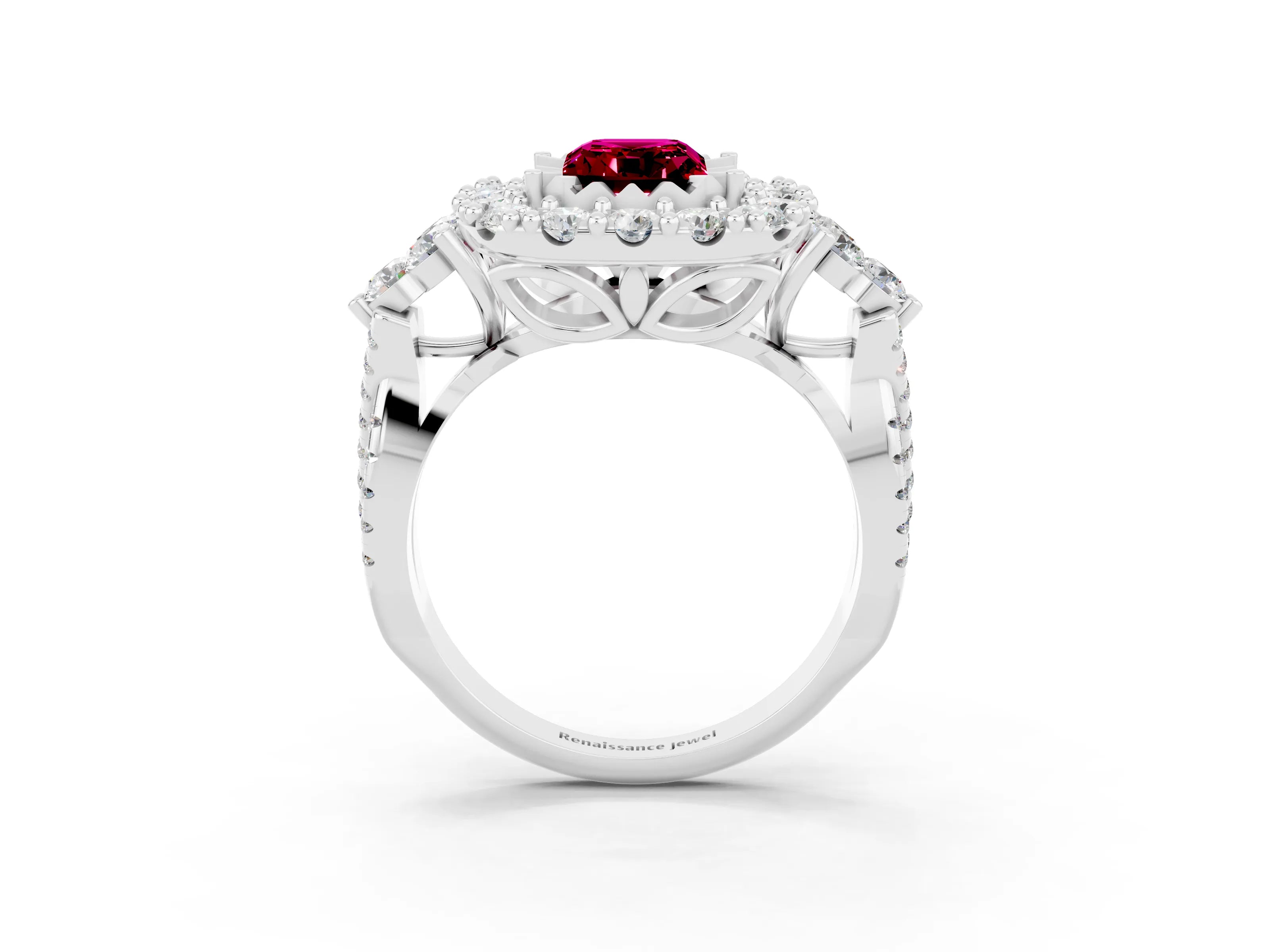 White gold Emerald Cut Garnet Halo Ring with Pavé Band and Four-Prong Setting_15