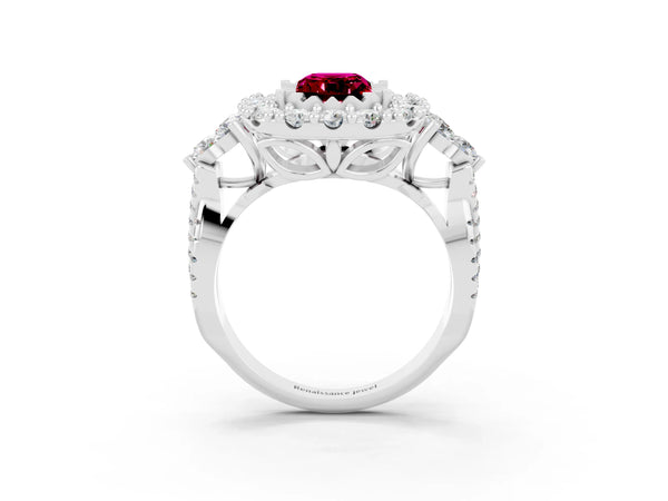 Silver Emerald Cut Garnet Halo Ring with Pavé Band and Four-Prong Setting