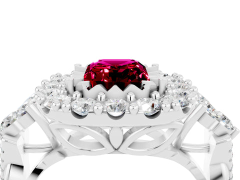 White gold Emerald Cut Garnet Halo Ring with Pavé Band and Four-Prong Setting_16