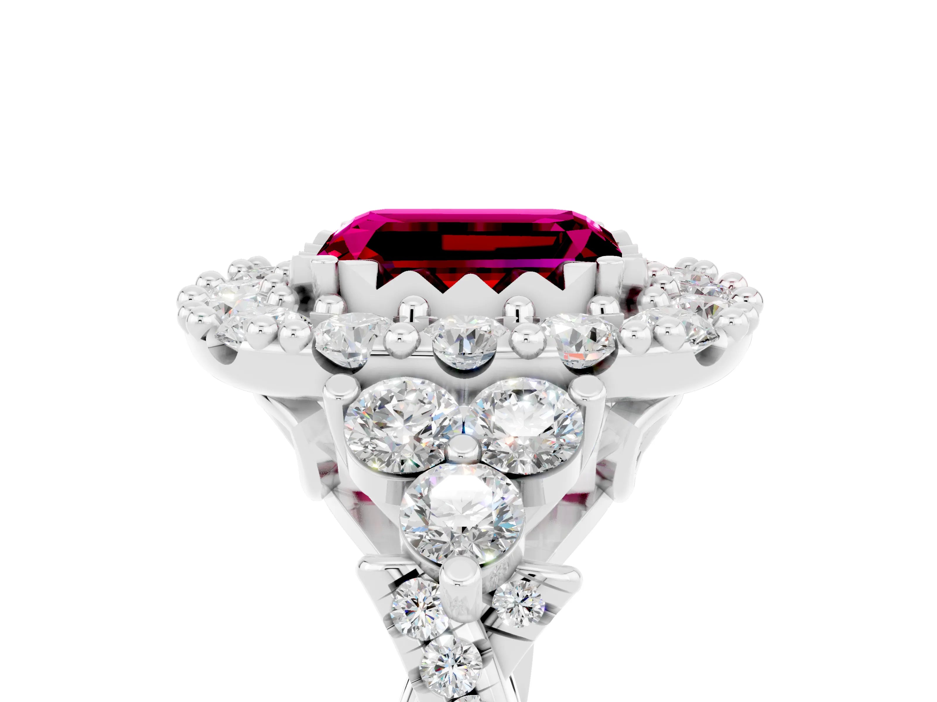 White gold Emerald Cut Garnet Halo Ring with Pavé Band and Four-Prong Setting_17