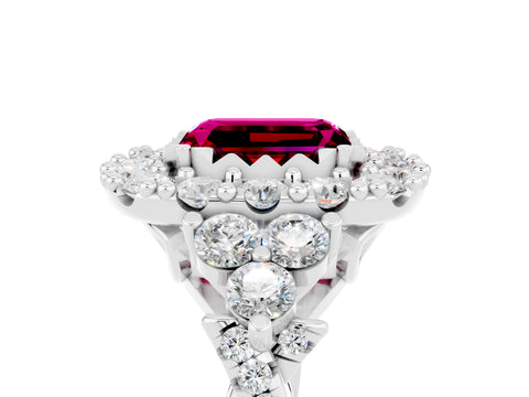 White gold Emerald Cut Garnet Halo Ring with Pavé Band and Four-Prong Setting_17