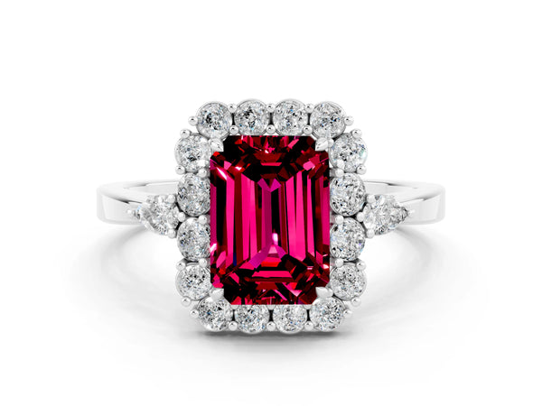 Silver Emerald Cut Garnet Halo Ring with Pear Side Stones and Prong Setting
