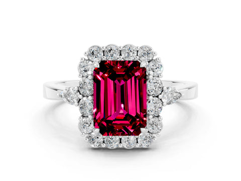 White gold Emerald Cut Garnet Halo Ring with Pear Side Stones and Prong Setting_24