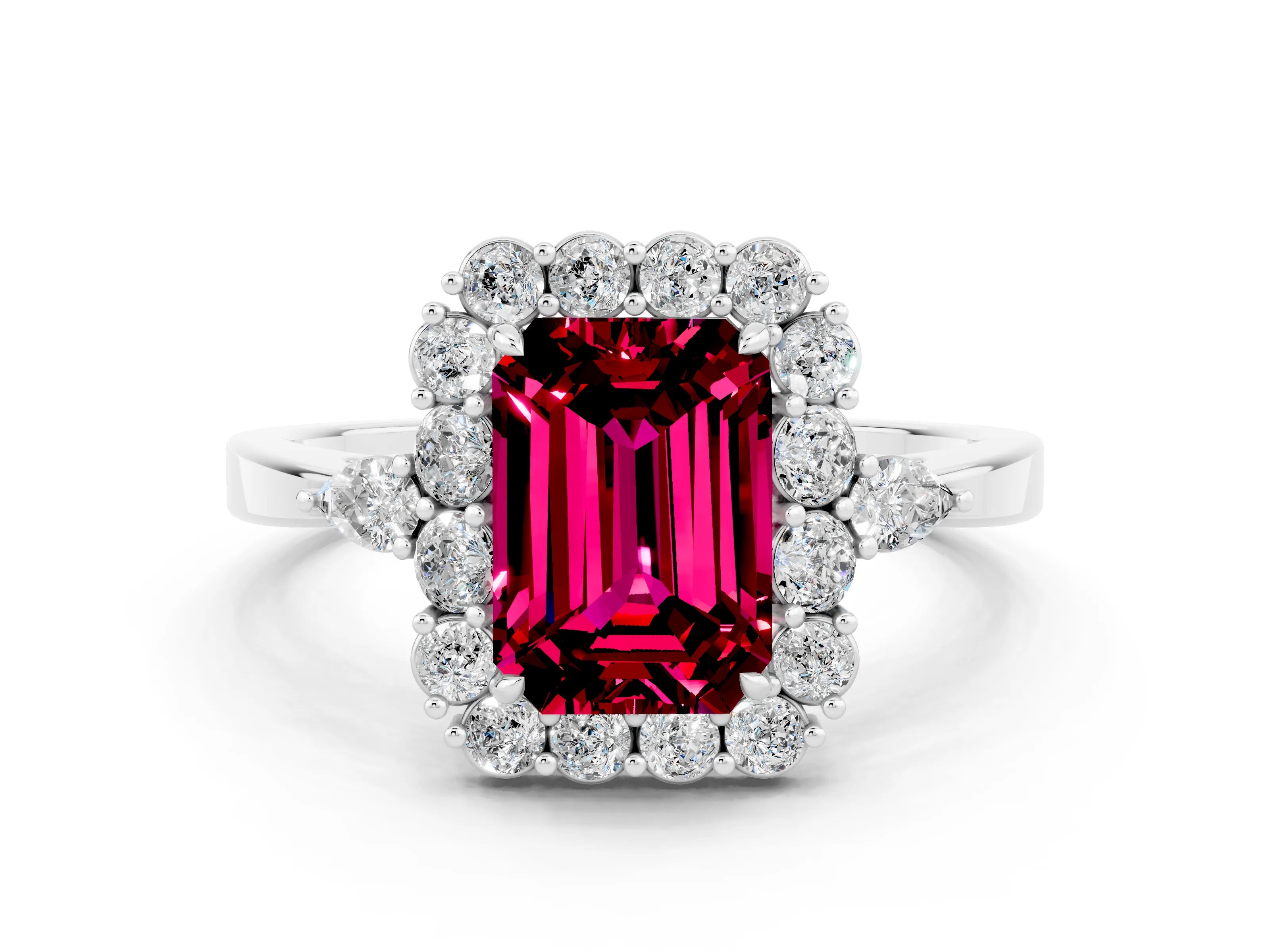 White gold Emerald Cut Garnet Halo Ring with Pear Side Stones and Prong Setting_24