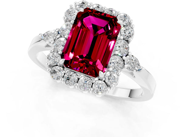 Platinum Emerald Cut Garnet Halo Ring with Pear Side Stones and Prong Setting