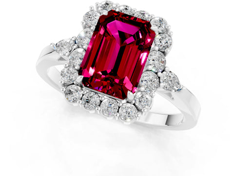 White gold Emerald Cut Garnet Halo Ring with Pear Side Stones and Prong Setting_25