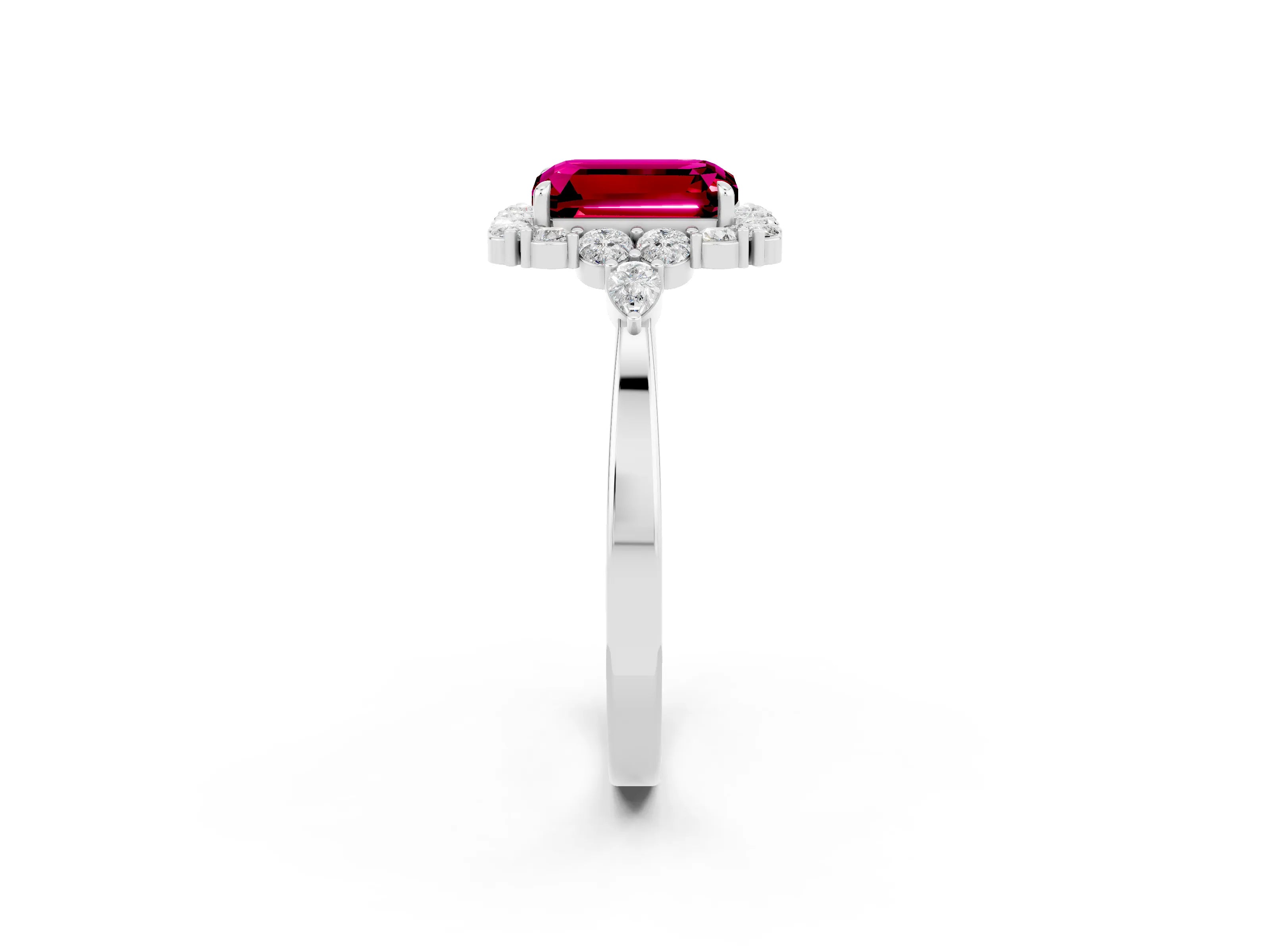 White gold Emerald Cut Garnet Halo Ring with Pear Side Stones and Prong Setting_26