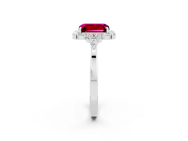 Silver Emerald Cut Garnet Halo Ring with Pear Side Stones and Prong Setting