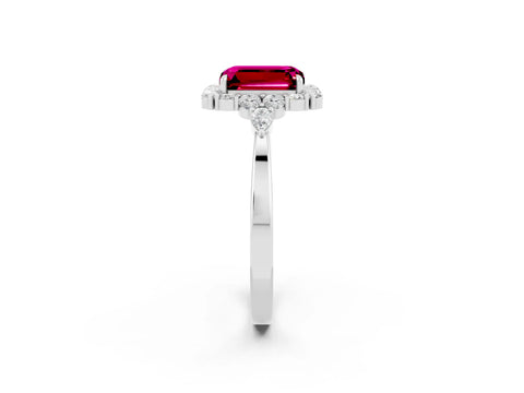 White gold Emerald Cut Garnet Halo Ring with Pear Side Stones and Prong Setting_26