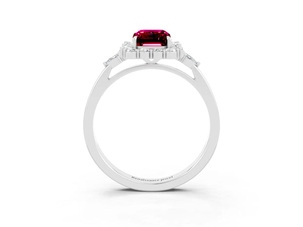 Silver Emerald Cut Garnet Halo Ring with Pear Side Stones and Prong Setting