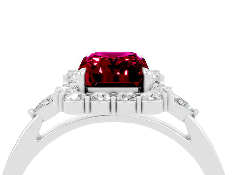 White gold Emerald Cut Garnet Halo Ring with Pear Side Stones and Prong Setting_28