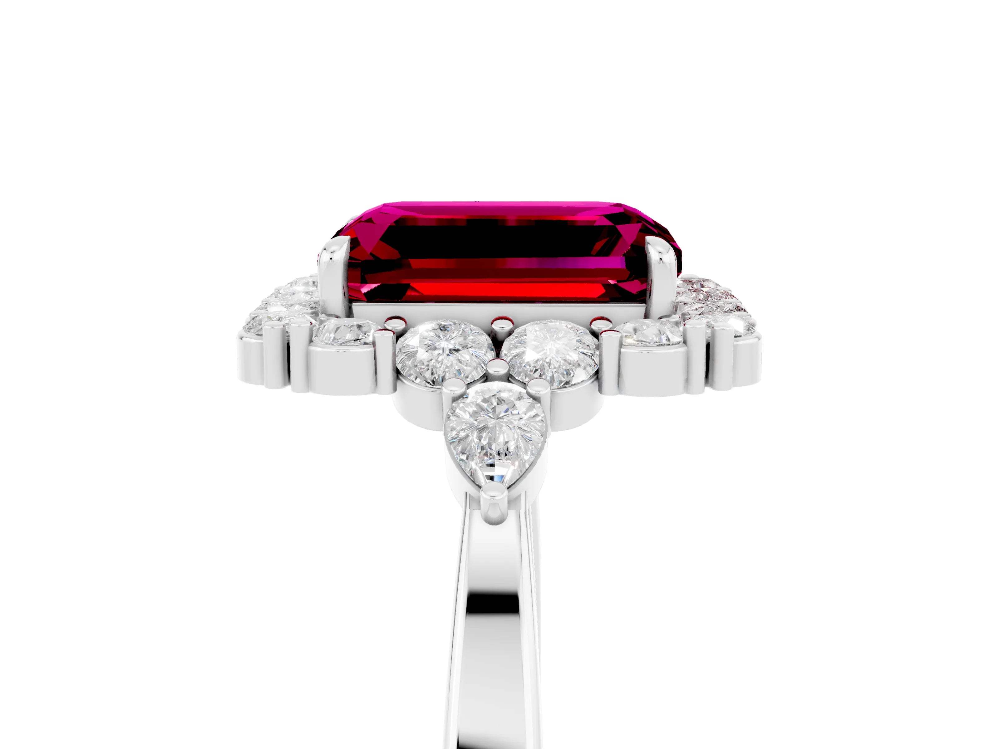 White gold Emerald Cut Garnet Halo Ring with Pear Side Stones and Prong Setting_29