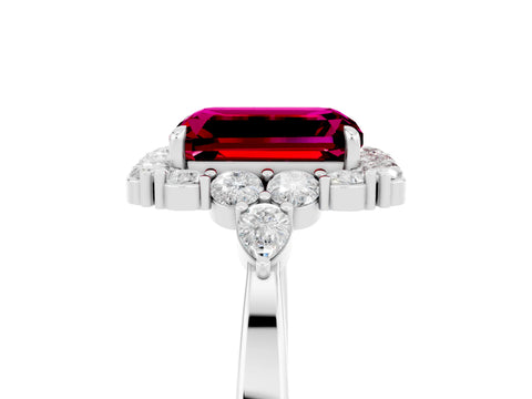 White gold Emerald Cut Garnet Halo Ring with Pear Side Stones and Prong Setting_29