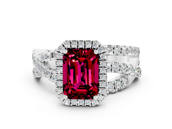 Platinum Emerald Cut Garnet Halo Ring with Round Split Shank and Prong Setting