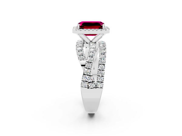 Platinum Emerald Cut Garnet Halo Ring with Round Split Shank and Prong Setting