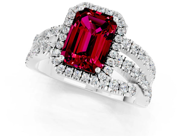 White gold Emerald Cut Garnet Halo Ring with Round Split Shank and Prong Setting