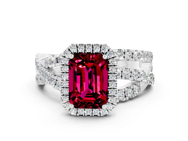 Platinum Emerald Cut Garnet Halo Ring with Round Split Shank and Prong Setting