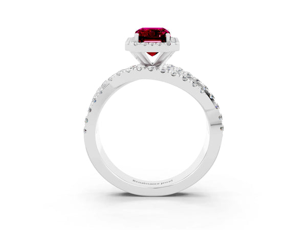 Platinum Emerald Cut Garnet Halo Ring with Round Split Shank and Prong Setting