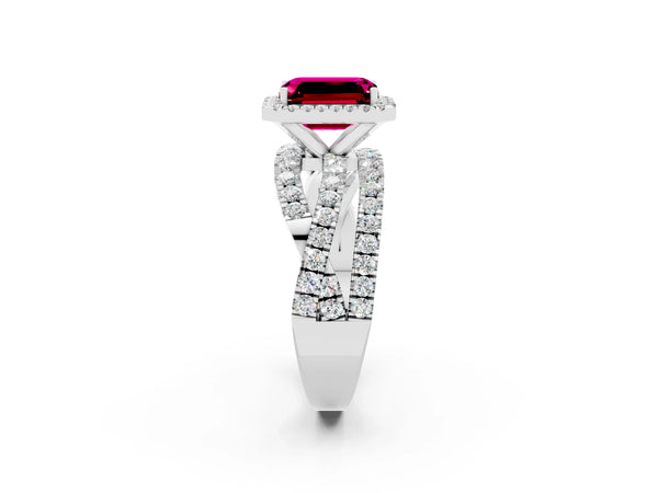 White gold Emerald Cut Garnet Halo Ring with Round Split Shank and Prong Setting