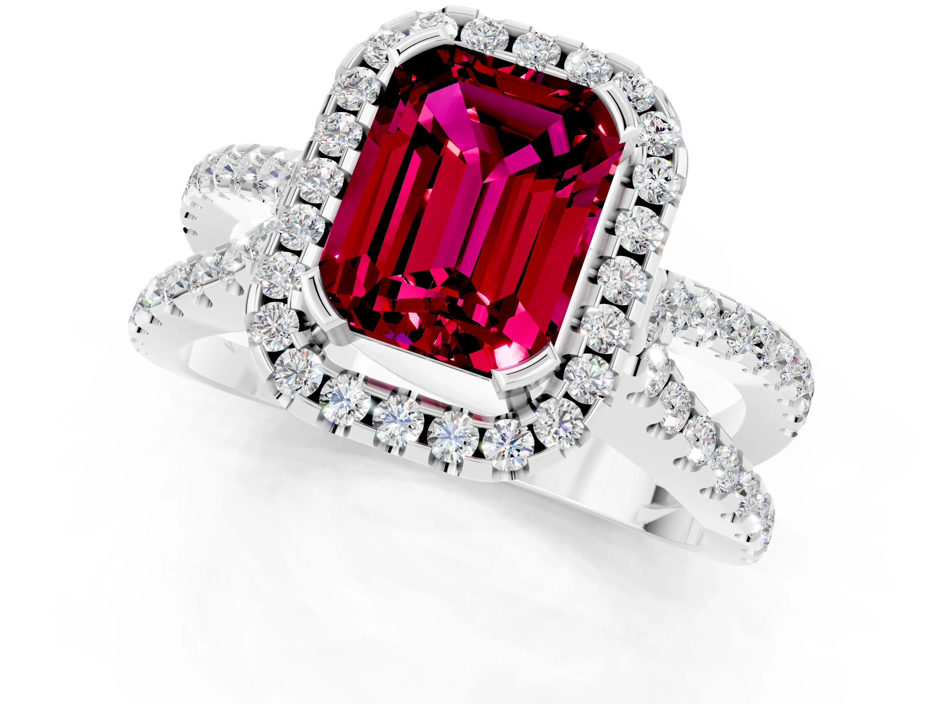 White gold Emerald Cut Garnet Halo Ring with Split Shank Pavé Band and Prong Setting_1
