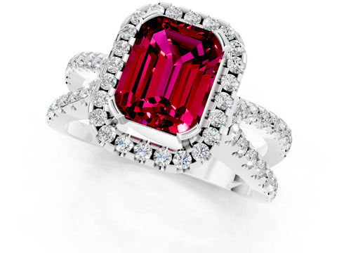White gold Emerald Cut Garnet Halo Ring with Split Shank Pavé Band and Prong Setting_1