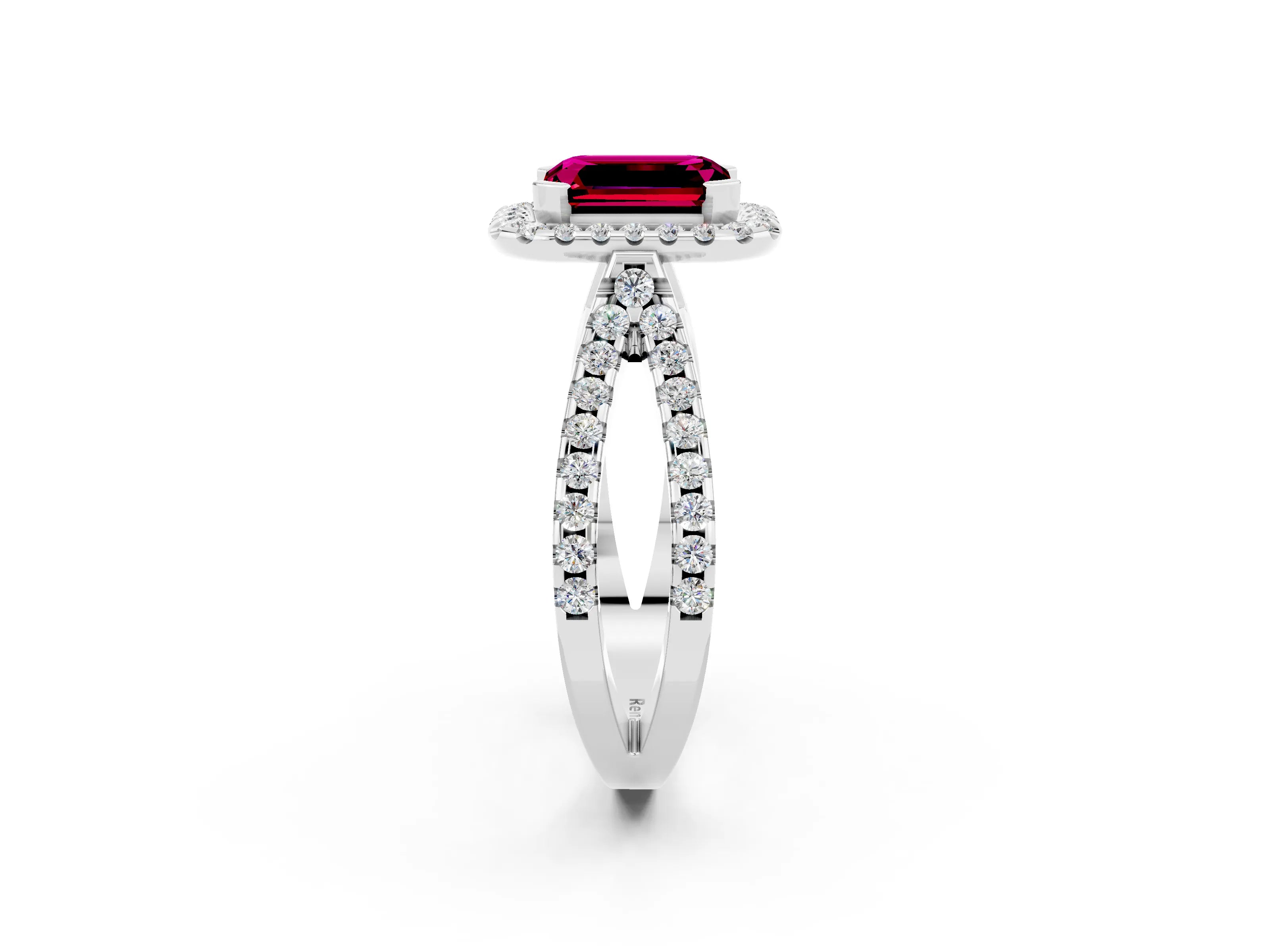 White gold Emerald Cut Garnet Halo Ring with Split Shank Pavé Band and Prong Setting_2
