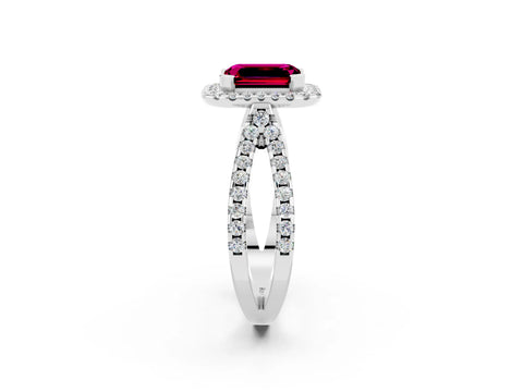 White gold Emerald Cut Garnet Halo Ring with Split Shank Pavé Band and Prong Setting_2