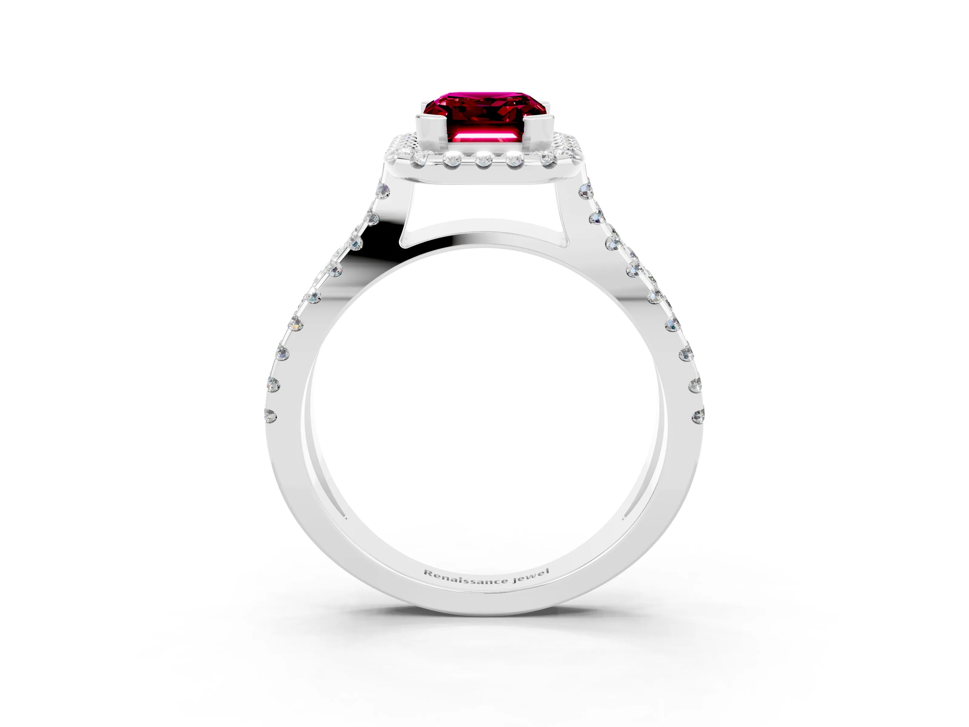 White gold Emerald Cut Garnet Halo Ring with Split Shank Pavé Band and Prong Setting_3
