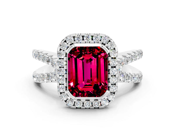 White gold Emerald Cut Garnet Halo Ring with Split Shank Pavé Band and Prong Setting