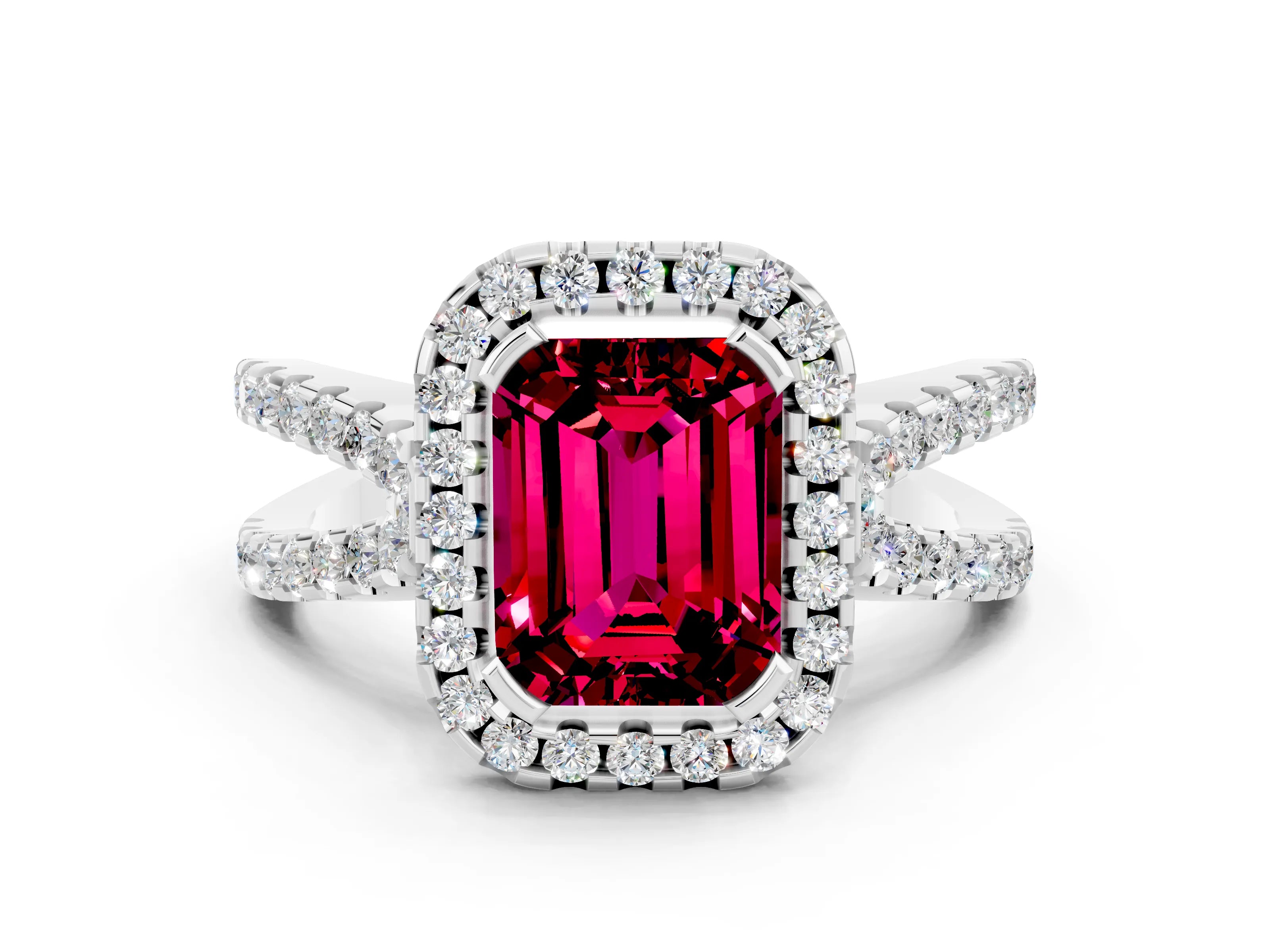 White gold Emerald Cut Garnet Halo Ring with Split Shank Pavé Band and Prong Setting