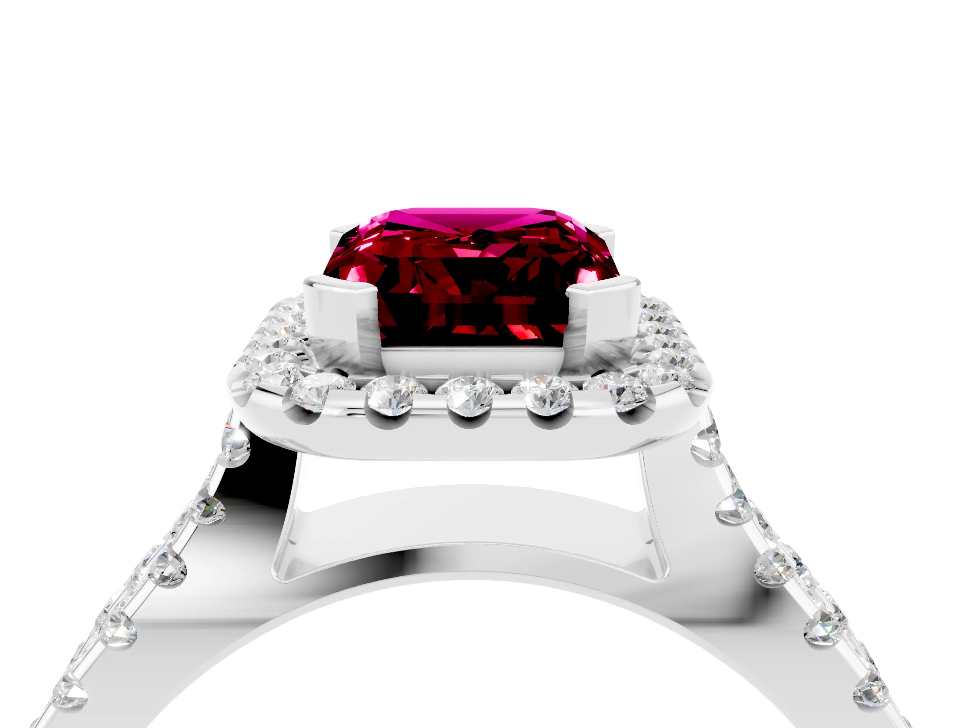 White gold Emerald Cut Garnet Halo Ring with Split Shank Pavé Band and Prong Setting_4
