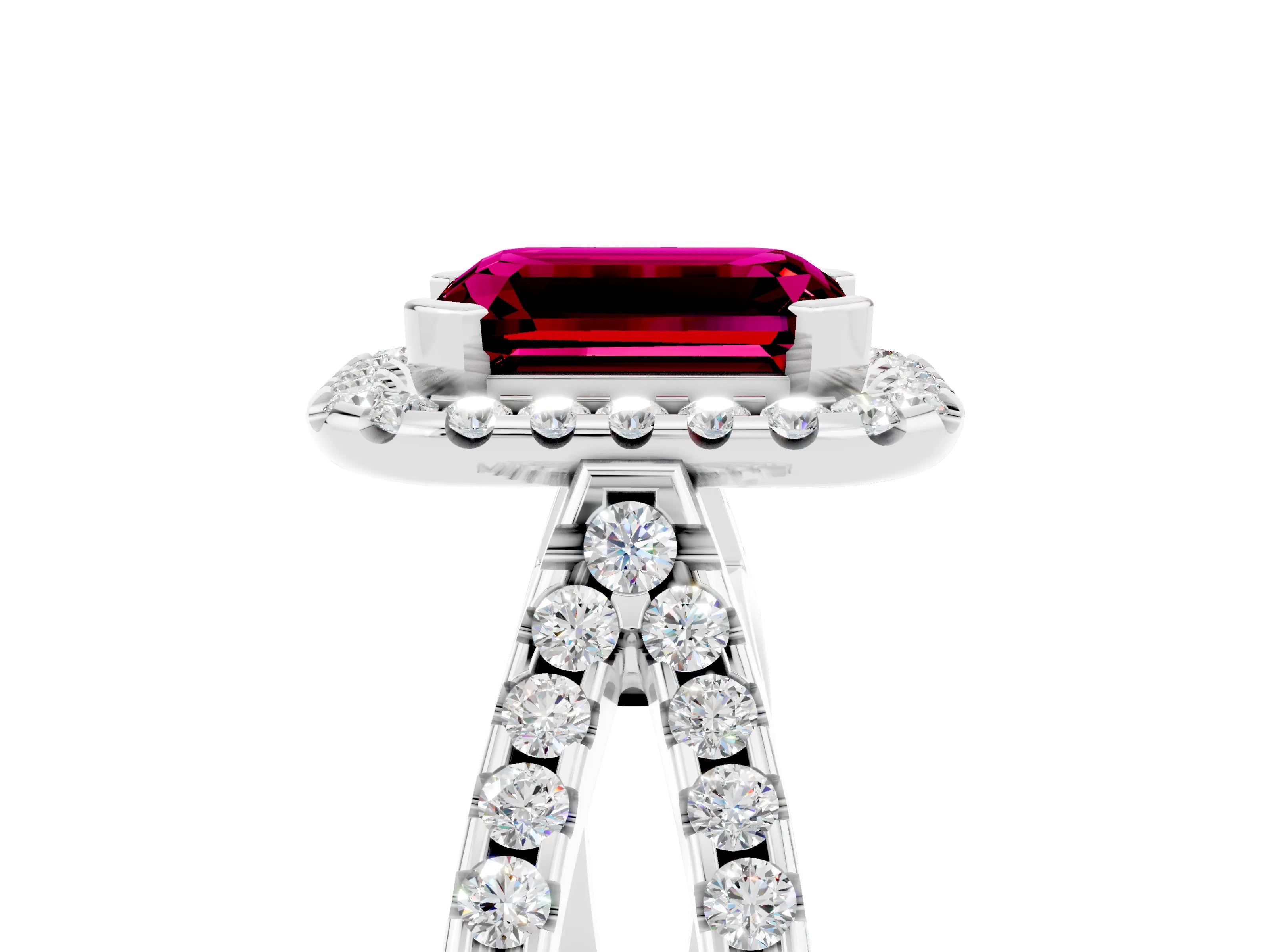 White gold Emerald Cut Garnet Halo Ring with Split Shank Pavé Band and Prong Setting_5