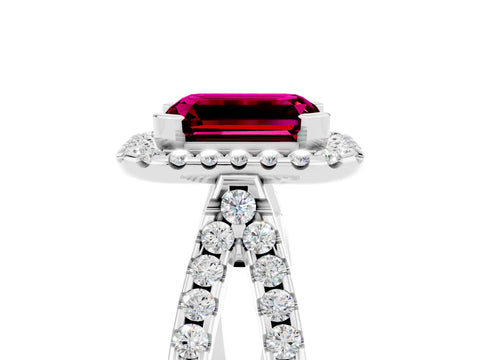 White gold Emerald Cut Garnet Halo Ring with Split Shank Pavé Band and Prong Setting_5