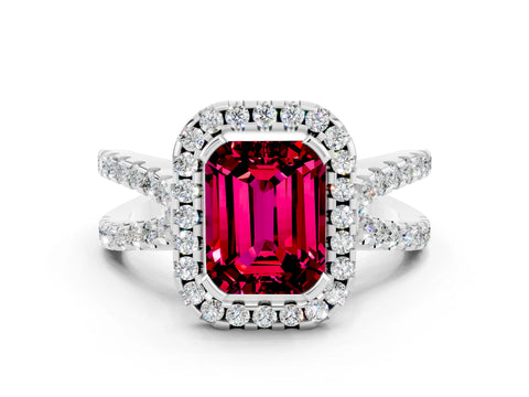 White gold Emerald Cut Garnet Halo Ring with Split Shank Pavé Band and Prong Setting