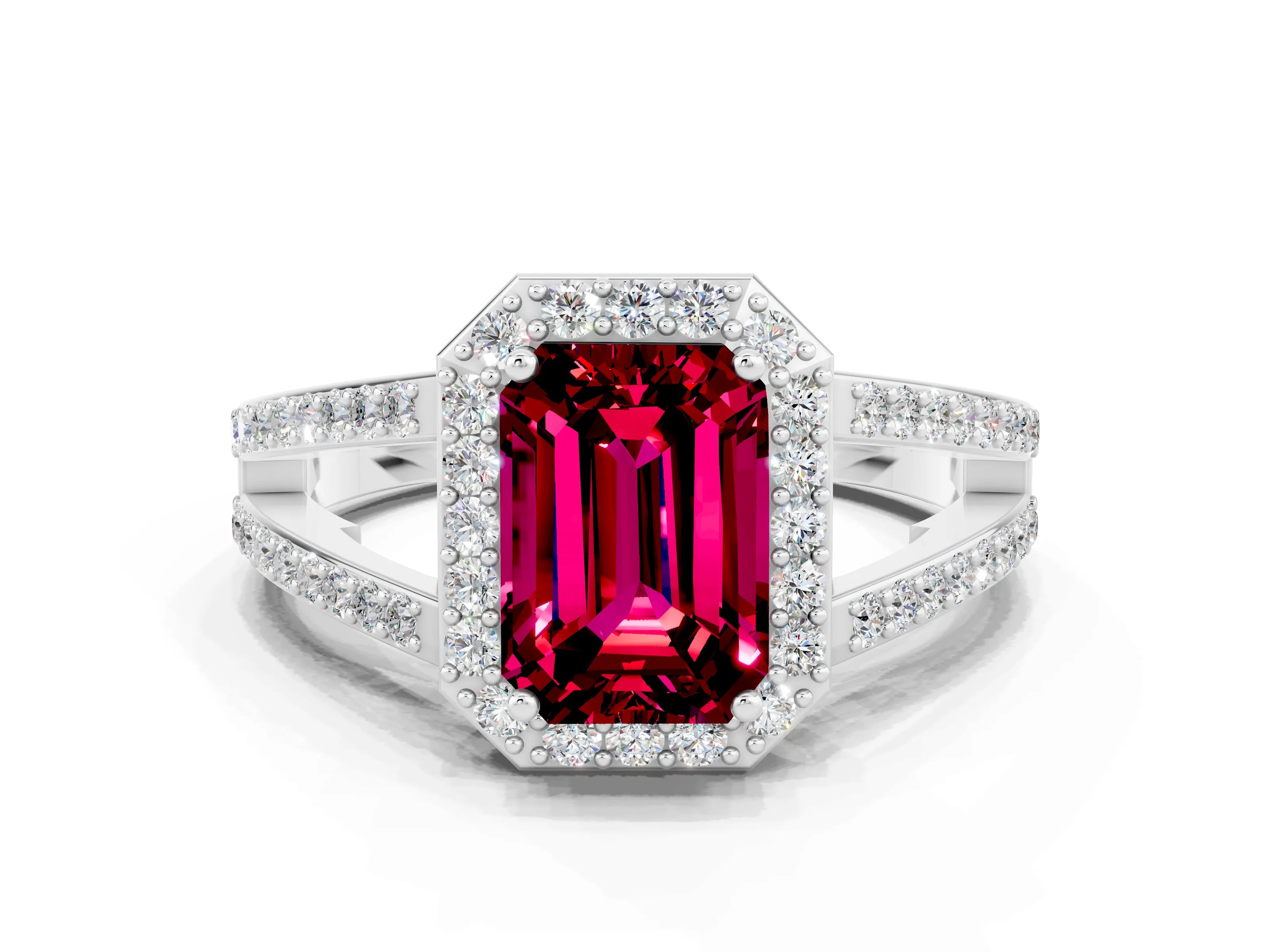 White gold Emerald Cut Garnet Halo Ring with Split Shank U-Prong Band and Four-Prong Setting