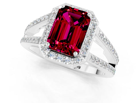 White gold Emerald Cut Garnet Halo Ring with Split Shank U-Prong Band and Four-Prong Setting_1