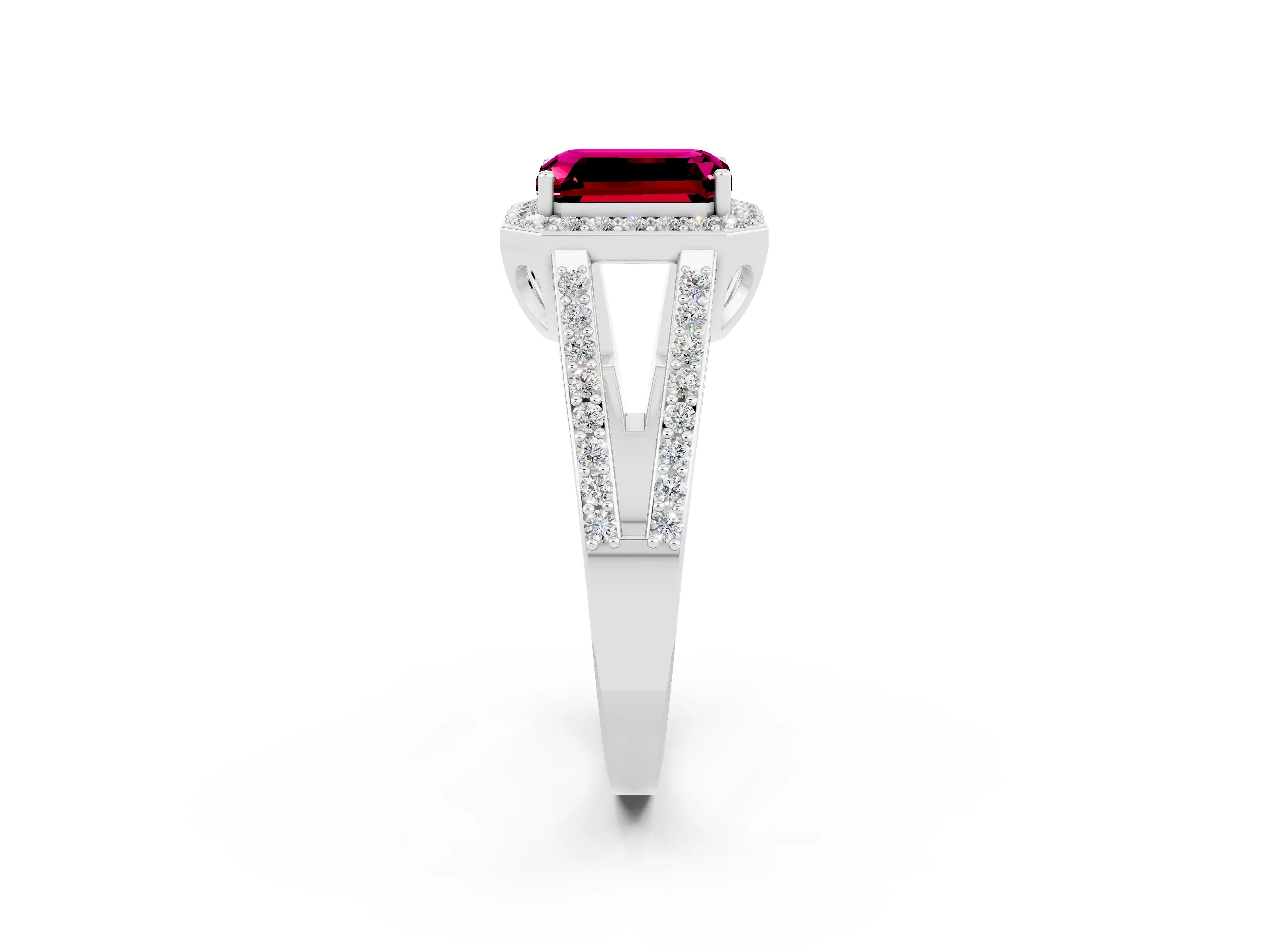 White gold Emerald Cut Garnet Halo Ring with Split Shank U-Prong Band and Four-Prong Setting_2
