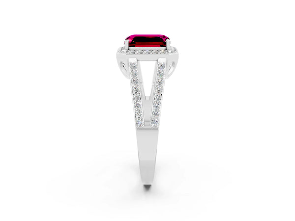 Platinum Emerald Cut Garnet Halo Ring with Split Shank U-Prong Band and Four-Prong Setting