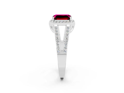 White gold Emerald Cut Garnet Halo Ring with Split Shank U-Prong Band and Four-Prong Setting_2