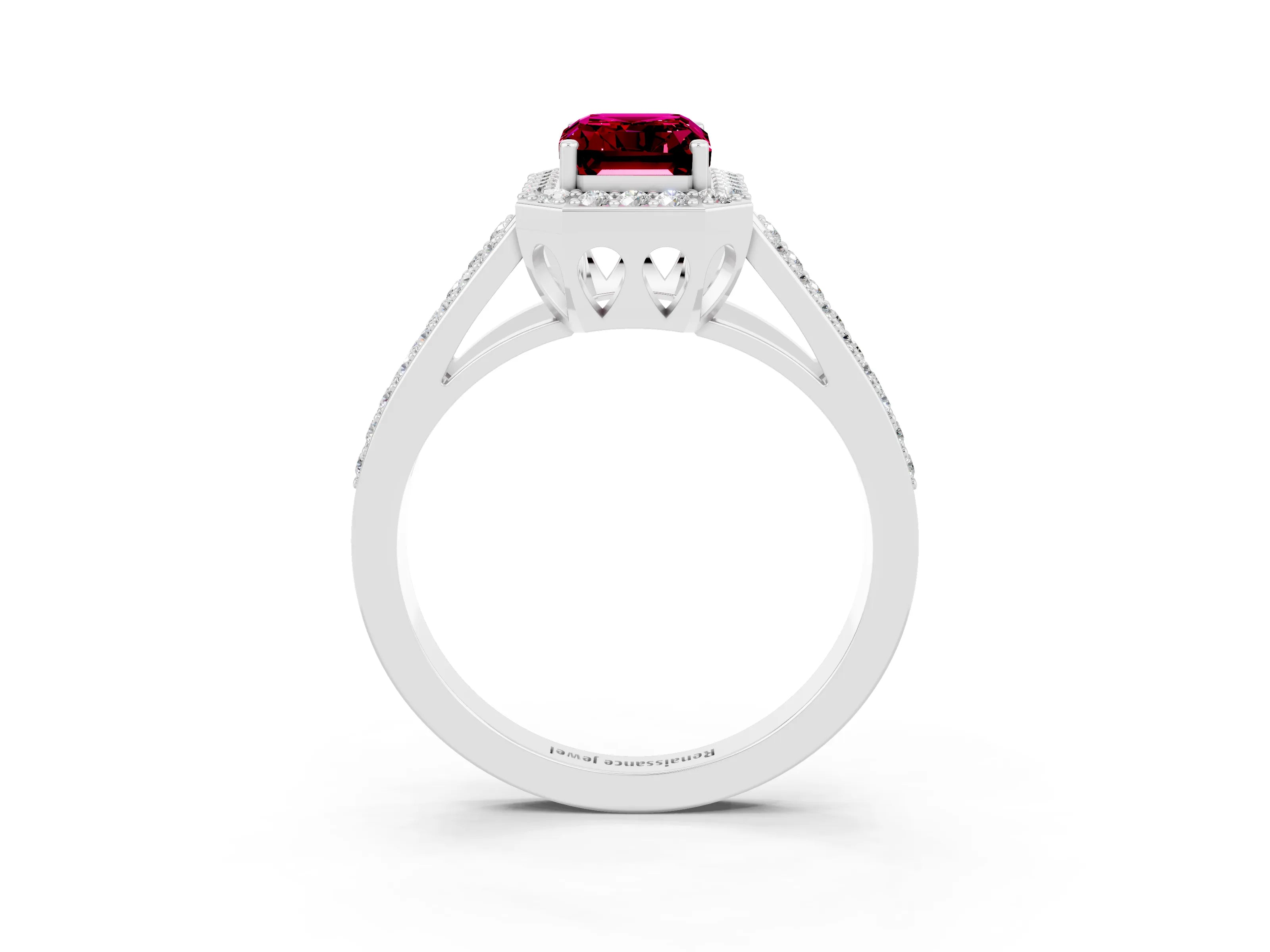 White gold Emerald Cut Garnet Halo Ring with Split Shank U-Prong Band and Four-Prong Setting_3