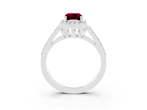 White gold Emerald Cut Garnet Halo Ring with Split Shank U-Prong Band and Four-Prong Setting