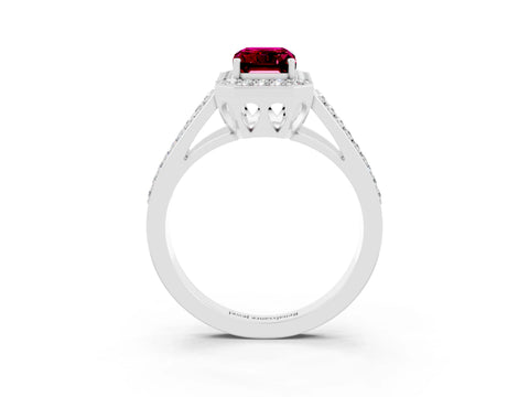 White gold Emerald Cut Garnet Halo Ring with Split Shank U-Prong Band and Four-Prong Setting_3