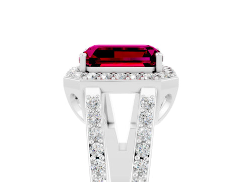 White gold Emerald Cut Garnet Halo Ring with Split Shank U-Prong Band and Four-Prong Setting_5
